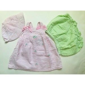 Girls Size 9M 6-9 Months 3 Piece Pink Strawberry Designed Dress, Hat + Bloomer